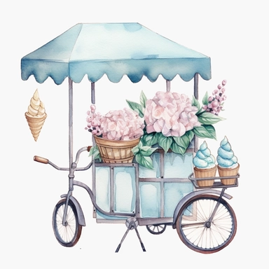 Watercolor wedding icecream blue stand, wedding clipart, simple, soft colors, cartoon elements, watercolor boho style, white transparent