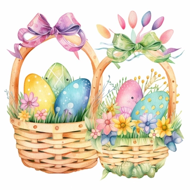 Whimsical Easter baskets with colorful eggs, grass, and ribbons, with intricate patterns and colors, watercolor png clipart on a white background