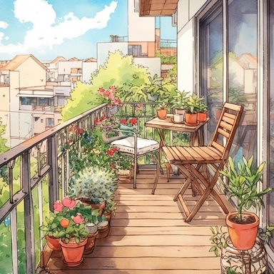 watercolor, hyper realistic, white background, white margins, 16k, ultra detailed clipart, cut out image, hand-drawn, whimsical manhwa style, ultra HD, sharp and clean art A cozy balcony with a small wooden table and chairs, surrounded by potted plants and blooming flowers, overlooking a garden.