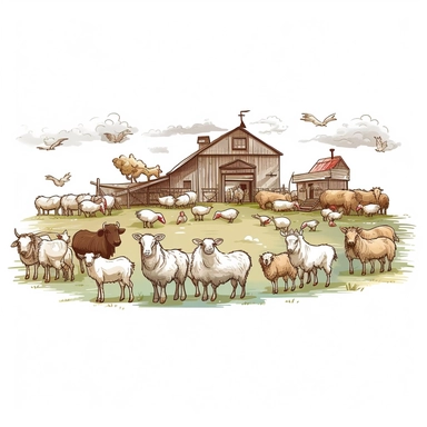 Turkey and Cattle and Sheep on the Farm ， White background ， Clip Art Style ，