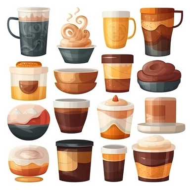 Clipart set different cups and containers with hot coffee, perfect and attractive designs, realistic style digital art, white background,