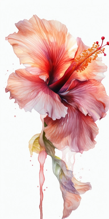 Watercolor Painting of SINGLE STEAM Hibiscus FLOWER on white background beautiful multi - headed pale, Flora Design Patterns, Flemish Baroque by Rachel Ruysch, Behance, Rococo, Intricate Detailed, Soft Light Effect, Oil Paint Strokes, Light Academia Aesthetic Flowers, Lighting cinematic, all shown shimmering stamens, tyndall light, light effect, texture, colorful, 8k, fantasy, ray tracing, depth of field, vivid, spectacular lighting, octane rendering, highly detailed, ultra - realistic, white ba