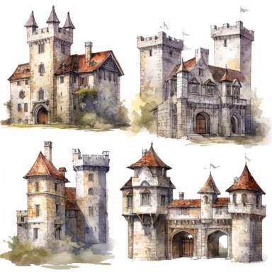 old english castles, white background, clipart, watercolor style--q2--v5.1