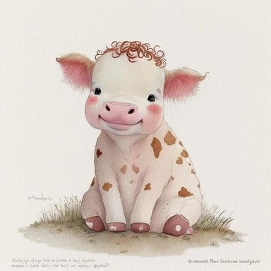 Cute - french style sitting baby cow smiling clipart, pink red hairclip in her hair, 1960, in the style of realistic watercolors, childlike innocence and charm, adorable eyes, rosy cheeks, shy posture, feminine sensibilities, realistic drawing in storybook illustration, pencil drawing by Angela Barrett, Elsa Beskow 300 DPI, valentines day themed, white background