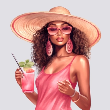 pretty black girl, Sun Straw Hat Wide Brim Summer Hat Foldable Roll up Floppy Beach Hats, pretty, holding a cocktail drink, pink outfit, 4k, hd, clipart