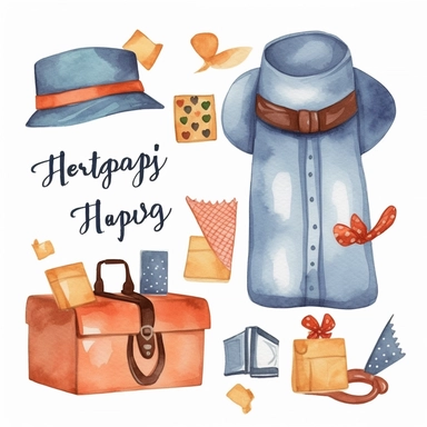 create happy father's day water color clipart, celebrate element of invitation card,gift,baloon,necktie,office bag, champion,cute style, high details, isolated with white background