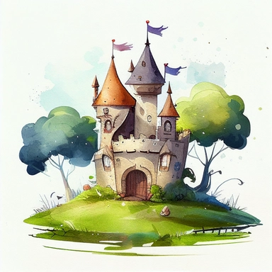 children's book illustration of a cute medieval castle, smooth watercolor details, in the style of Pixar, superb color, outline, nursery art, popular on pinterest, clipart, trending on artstation, minimalist, flat design, white background, insane deails, intricate details