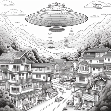 UFO in the Village pixar style, THIN LINES, INTRICATE DETAILS, HAND DRAWN, CRISP LINES, PENCIL SKETCH, HIGHLY DETAILED, ILLUSTRATION, LINE ART, DIGITAL ART, VECTOR, COLORING PAGE FOR KIDS, CLIPART, PRINTABLE OUTLINED ART, GREYSCALE, DIGITAL STAMP, MODERN CARTOON STYLE, REALISTIC CARTOON STYLE, MODERN ANIME, CLASSIC MANGA, KAWAII STYLE,CHIBI DRAWING STYLE