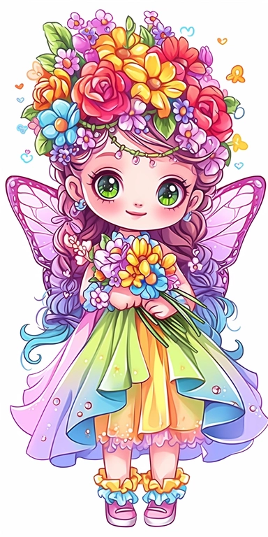 Very cute chibi fairy girl with crown, she has fairy wings, surrounded with flowers and butterflies, she's holding a flower, magical, colorful, vibrant, colors are pink, purple, yellow, green, blue, yellow, 8kon, white background, kawaii, clipart