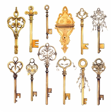 assorted gold keys inspired by Alice in wonderland watercolor illustration, design elements isolated on white background, vintage clip art - Image #4 <@1098423716465102849>