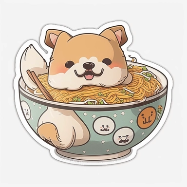 dog sticker kobek aian noodle in bowl of soup, in the style of anime aesthetic, rtx on, fawncore, oshare kei, quadratura, light amber and white, wrapped, sticker, clipart