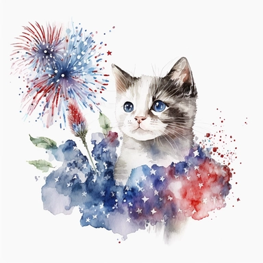 watercolor 4th of july cute playful kitten fireworks flowers clipart, white background