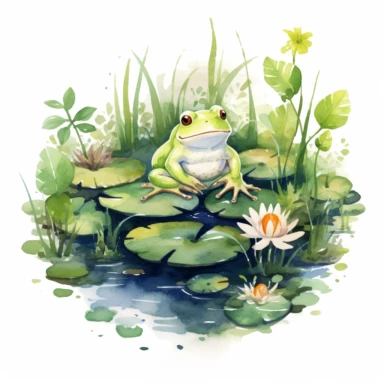 Watercolor Lily Pond Clipart - springtime cute lily pad and frog pond, clipart, white background