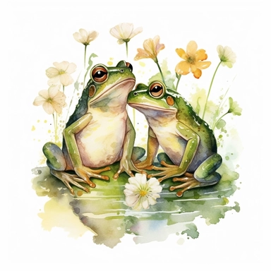 two Cute Frogs loving kiss clipart, vintage illustration, vintage print poster, Woods Forest Animals Frogs PNG Frog Daisy Flowers Water Lilies Sublimation watercolor print, white background, watercolor paint, procreate watercolor drawing, Watercolor Sublimation design, realistic cartoon, realistic water based colors, clipart, transparent white background