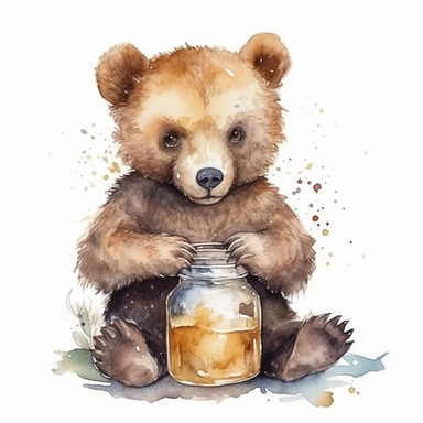 cute baby bear eating honey from jar with his paws, clipart, watercolor, detailed, realistic, white background