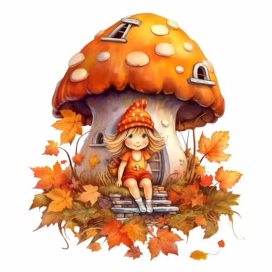 cute mushroom house with a cute fairy sitting on the roof clipart with white background, autumn colors, clearly defined separate image, high quality--ar3:4-no mockups, watermarks, numbers, writing, letters--q2--v5.1--s1000
