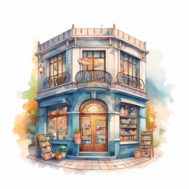 Bookstore,cute bookstor,muted colors,clipart on a white background, an illustration of by Annabel Kidston, shutterstock contest winner, generative art, detailed painting, digital illustration,photoillustration isolated on white background, digital watercolor,dark outline,high quality,8k