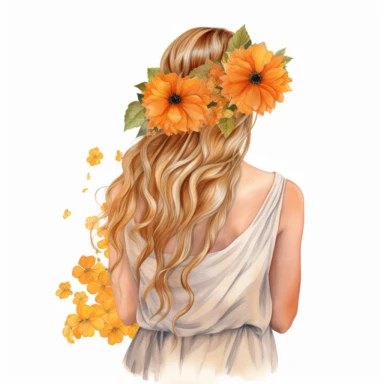 watercolor A woman's face, full body, back view White fabric leaves flowers Marigolds decorate hair, wedding dress with flowers Marigolds and leaves adorning her hair. hair up with flowers Marigolds vividly bold designs png Full body realistic cartoon in 32K UHD cute. 15 cm thick outline. . There was no shadow on the ground. 8k with realistic watercolors. and detailed illustrations. PNG clipart, transparent white background