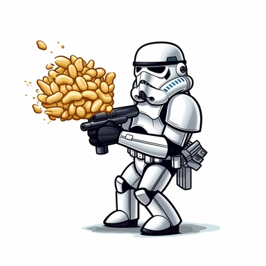 a cute cartoon illustration of an ear of corn dressed up in a storm trooper costume walking around shooting popcorn from its storm trooper blaster gun on a white background with clean lines suitable for clip art