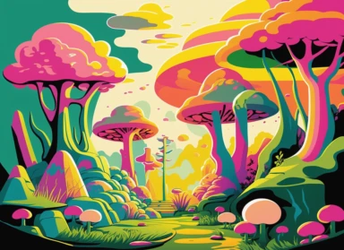 Expressionist Landscape Painting: magic mushrooms, Vibrant Colors, pink + green, salad green + egg yellow, Intense Emotions, Fauvism, art deco, pop art deco nouveau, flat 2d vector design, illuminati priestess, clipart, detailed trace