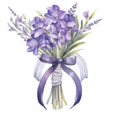 Design a dreamy watercolor clipart of a bouquet of Violet Floral with long stems tied with a lace ribbon or brooches composition, with soft and graceful brushstrokes in a delicate color palette in shades of purple, blue, or white. Infuse the artistic style of Serenity Blooms Watercolors for a serene and calming depiction. isolated on a white background, 8k uhd, designed by Ana Victoria Calderon and Holly Exley,