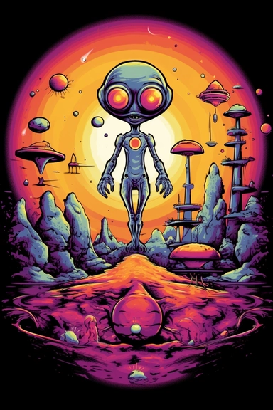 Artwork for t shirt graphic of majestic vibrant color magnificent funny Alien with planets and solarsystem in the Back, starting Rocket from the ground, in a pencil drawing style, A vibrant featuring a sun setting over a futuristic City, with a soft pink sky and a hint of orange in the horizon white background, colorful shades, Centered, highly detailed clean, vector image flat white background, isometric, vector image, clipart, front view, retro style, white background, colorful shades, highly 