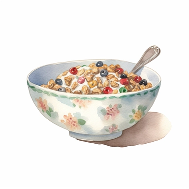 watercolor for a clipart with a white background of a bowl of cereal with milk, realism, painted by samuel melton fisher