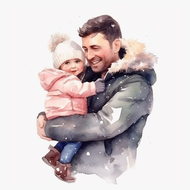 watercolour clipart, father day, father hug with his cute baby, in snow, smile, beautiful, happy, ,realistic, whit background, illustrated