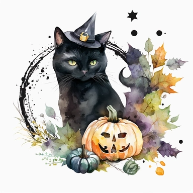 Watercolor black witch cat Halloween clipart, pumpkin, autumn season, Watercolor Sublimation design, white background