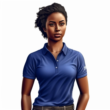 photo-realistic, waist-level view of beautiful, but angry physically fit African American woman, age 25, wearing a very stunning royal blue polo shirt, waist view on white background for vector clipart