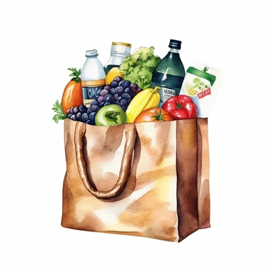 watercolor detailed illustration of Grocery bag with a variety of groceries peeking out, clipart, white background