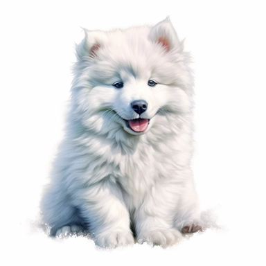 Watercolour cute Samoyed puppy sitting, beautiful details,ultra detailed, ultra photo real intricate detailed, highdefinition, graphic clipart, hyper realistic, detailed, whitebackground