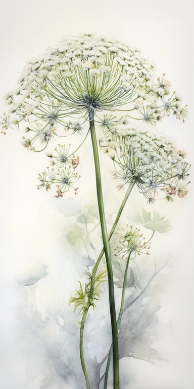 Watercolor Painting of SINGLE STEAM Queen Anne's Lace FLOWER on white background beautiful multi - headed pale, Flora Design Patterns, Flemish Baroque by Rachel Ruysch, Behance, Rococo, Intricate Detailed, Soft Light Effect, Oil Paint Strokes, Light Academia Aesthetic Flowers, Lighting cinematic, all shown shimmering stamens, tyndall light, light effect, texture, colorful, 8k, fantasy, ray tracing, depth of field, vivid, spectacular lighting, octane rendering, highly detailed, ultra - realistic,
