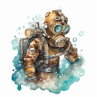 steampunk scuba diver. watercolor, clipart