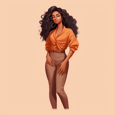 beautiful black woman model, long flowing hair wearing glasses, solid warm colors, clipart , procreate style, standing full body frame