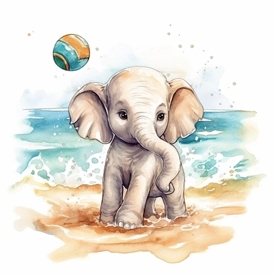 Create a watercolor illustration clipart of a playful cute Baby Elephant Playing beach volleyball, with its full body visible. Use soft, flowing brushstrokes and a warm, inviting color palette to create an image that is both charming and whimsical. Incorporate intricate details like the motion of Baby Elephant Playing beach volleyball to create a lifelike, realistic image. Can add other elements to the illustration like related item to play to create playful scene. Use white background to allow 