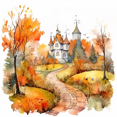 the garden in autumn leaves season, watercolor in medieval cartoon grunge style clipart on white background