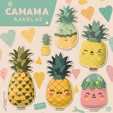 cute ananas sticker set, sticker pack, sticker sheet, character sheet, multiple stickers, Watercolor Clipart, chibi, simple, minimal art, hand-drawn, vector art, adorable, lovely, whimsical, cute and quirky, watercolor effect, bokeh, low-poly, retro aesthetic, 4K resolution, photorealistic rendering, using Cinema 4D