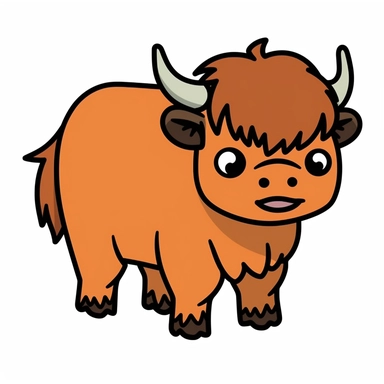 Cartoon Cute Simple Bison sideways, thick black outlines, cartoon art style, classic 2D vector art with a white background, clean lines, solid white background, clip art, clipart, accurate colors,