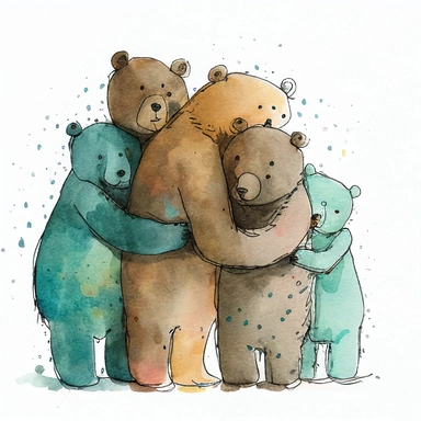 watercolor and ink drawing of a portrait of a family of five bears, one mom bear, one dad bear, three baby bears, clipart, embracing each other, cute pose, cartoon, doodle, happy, smiling, beautiful watercolor ink wash coloring, thick pencil lines, quentin blake, Adrian tomine, popular on etsy, watercolor illustrations clipart, watercolor illlustrations for kids and children, book illustrations, plain white background