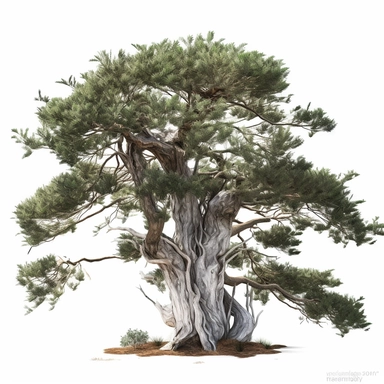 watercolor clipart of Scots pine tree, white background, white vines, 4k, octane render, detailed, hyper-realistic, cinematic, photography by Joel Meyerowitz, Roger deakins, Slim Aarons, Craig Mullens, artstation