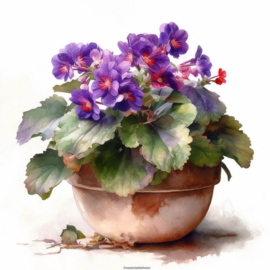 a simple gorgeous African Violet - purple, pink, white in a pot on white background clipart, watercolor painting realistic, high quality, vibrant, Vicente Romero Redondo, Willem van Aelst