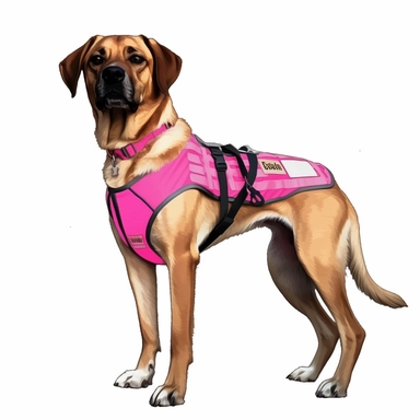 full bodied wide view digital illustration cartoon, of one mixed breed Boxador, service dog, tan body and white chest with a bright pink service vest clipart on a white background