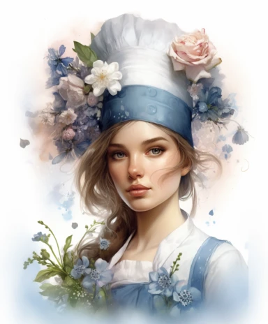 watercolor mixed media portrait of a beautiful and feminine cook in a chef's hat and apron, decorated with forget-me-nots and summer flowers and magic crystals, lace and embroidery, masterpiece by Edouard Bisson style and by Tom Bagshaw style, Village fashion, PNG clipart, isolated on white, extreme photorealistic details, 32k HD resolution, realistic high detailization high resolution