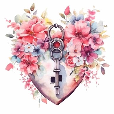 watercolor padlock heart with flowers and the key, clipart