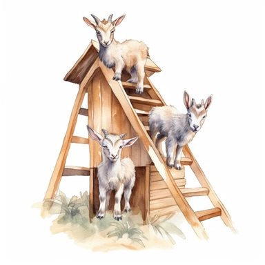 baby dwarf Nigerian goats playing on the A-frame, very detailed and realistic, watercolor, white background with margins, clipart style