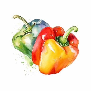 Watercolor clipart of Bell pepper capsicum in the style of ethereal watercolor washes, strong watercolor paper texture,intuitive ink washes , multi-layered, lith printing, havencore, texture-based, isolated on white background