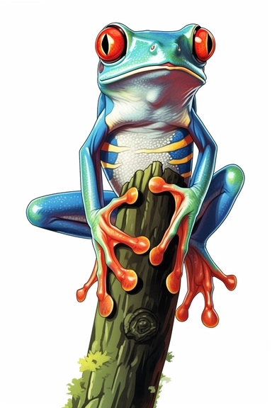 drawing of Red-eyed tree frog, white background, clipart, unicake colors, engraved style, in the style of Ghibli, Pixar, Ukiyo - e, Wabi - sabi,