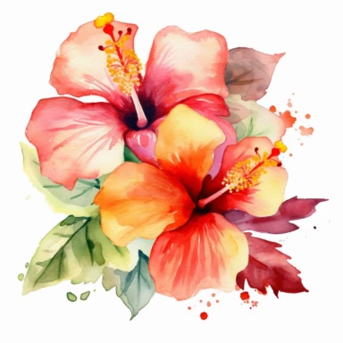 Watercolor Tropical Hibiscus Clipart by Thomas W. Schallerof: A vibrant and exotic design featuring tropical hibiscus flowers in shades of pink, orange, and red on a white background. The flowers are different-size and bold, while the leaves are thick and tropical, creating a lively and festive composition