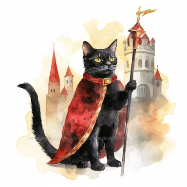 A clipart of a black cat wearing a golden crown and a red velvet coat, holding a scepter and standing in front of a castle as a king, watercolor style, realistic, bright colors, 300 dpi, 8k, white and clear background